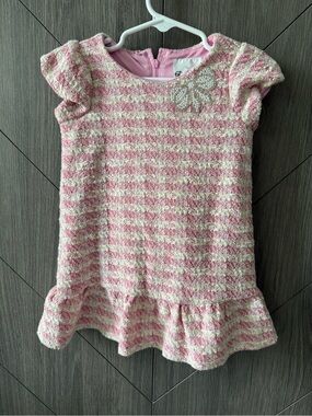 Rare Editions Toddler Girls Pink & Cream Striped Tweed Dress with Pearl Bow
